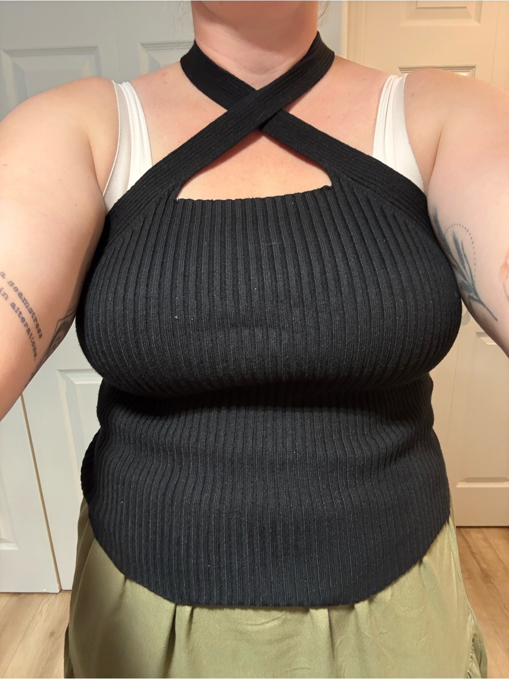 Ribbed Crisscross Halter Tank Top - Black